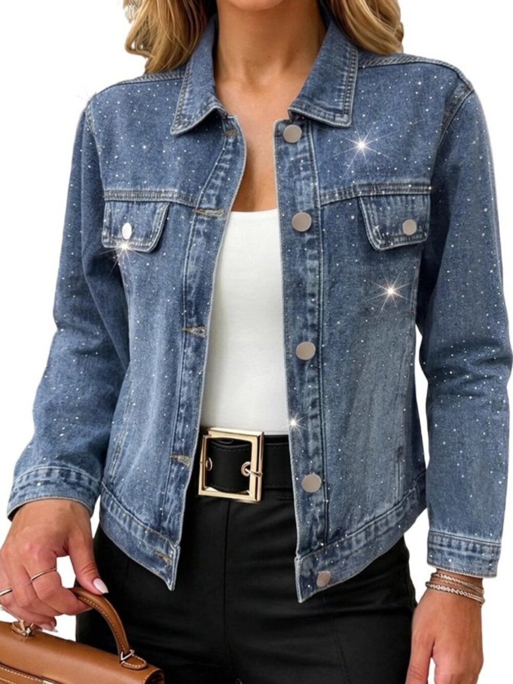 Sparkly Rhinestone Denim Jacket for Women | Cropped Jean Coat, Chic Fashion